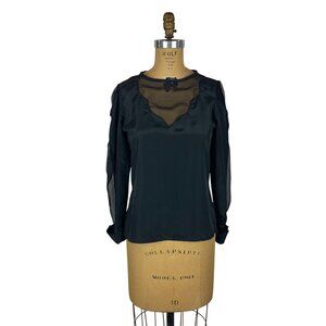 Vintage 80s Black Shirt Womens Small Sheer Sleeves Yoke Bodice Sexy Evening Top